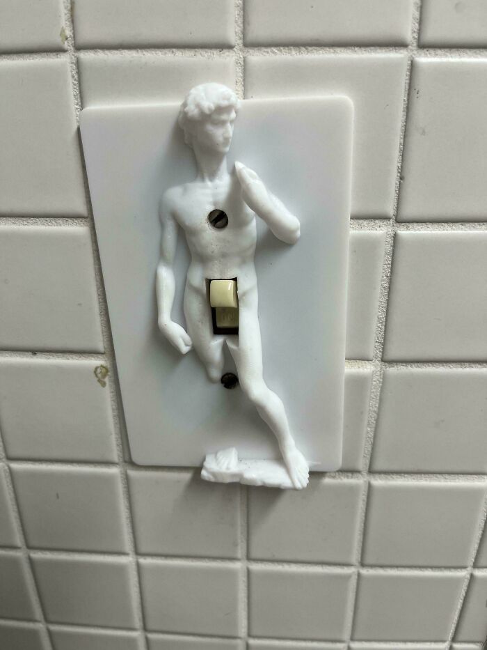 Light switch plate designed as a humorous statue figure, showcasing creativity among funny teachers with a unique sense of humor.