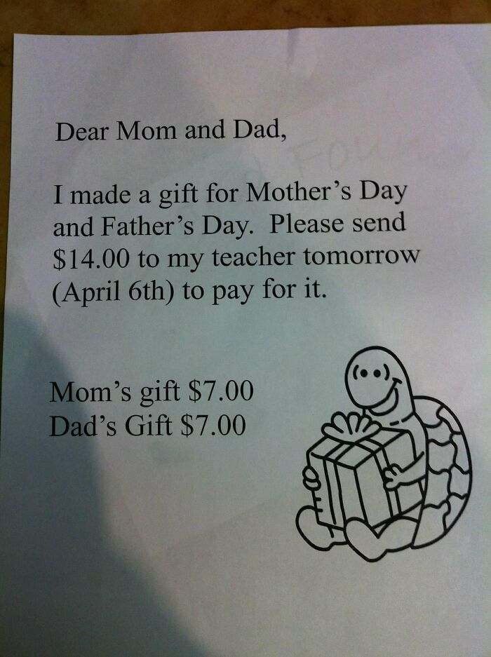 Funny teachers note humorously requesting $14 for a Mother's and Father's Day gift, featuring a smiling turtle cartoon.