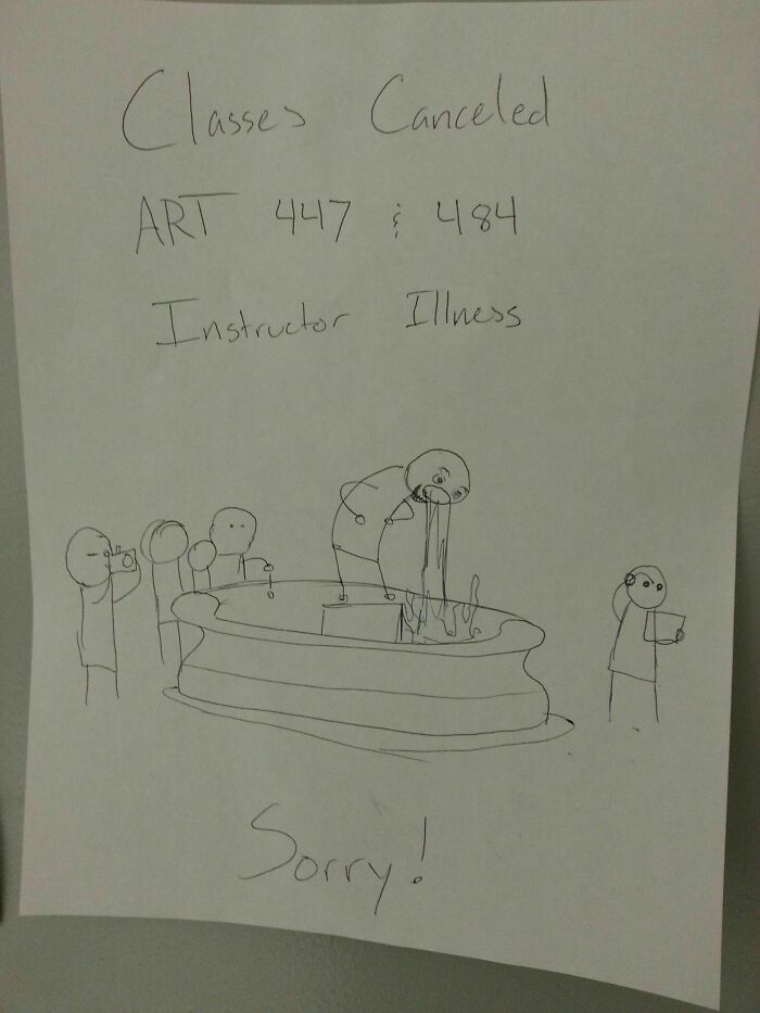 Handwritten note about canceled art classes with a funny drawing, showcasing funny teachers with a great sense of humor.
