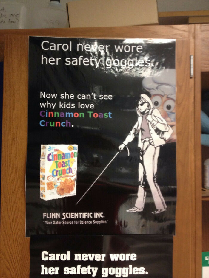 Poster humorously warning about safety goggles with a Cinnamon Toast Crunch parody, highlighting funny teachers' sense of humor.