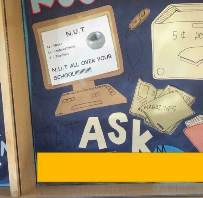 Humorous school poster with a computer and pun about teachers using the keyword funny teachers with humor.