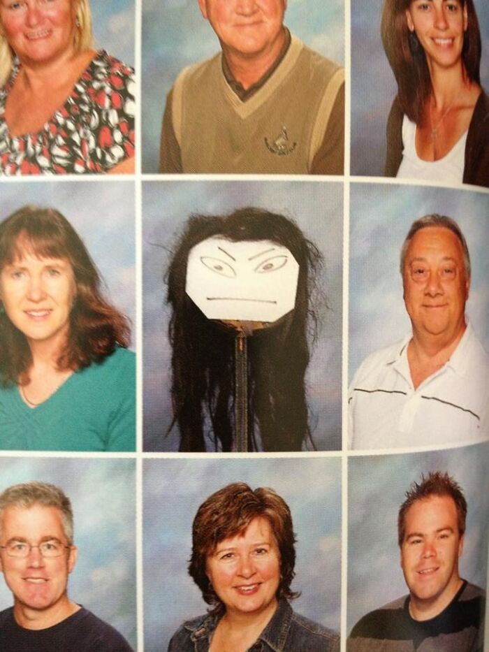 Yearbook style photos of teachers with one showing a funny handmade face on a stick, highlighting funny teachers humor.