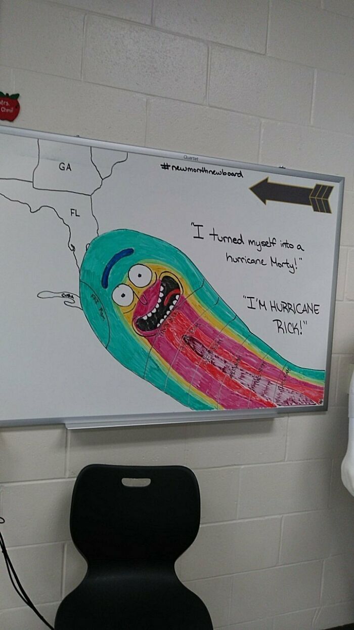 Whiteboard with a colorful hurricane drawing and humorous teacher quote referencing Hurricane Rick and Morty.
