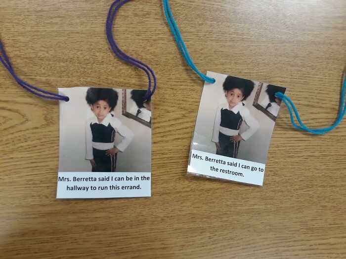 Two humorous teacher badges with student photos and captions showing funny excuses about errands and restroom breaks.