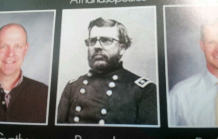 Portrait of a vintage soldier in uniform displayed among other teacher photos as part of funny teachers collection.