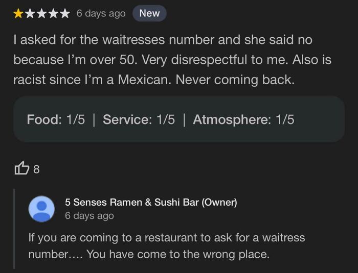 Negative customer review and brutal business comeback from 5 Senses Ramen & Sushi Bar owner on service and atmosphere.
