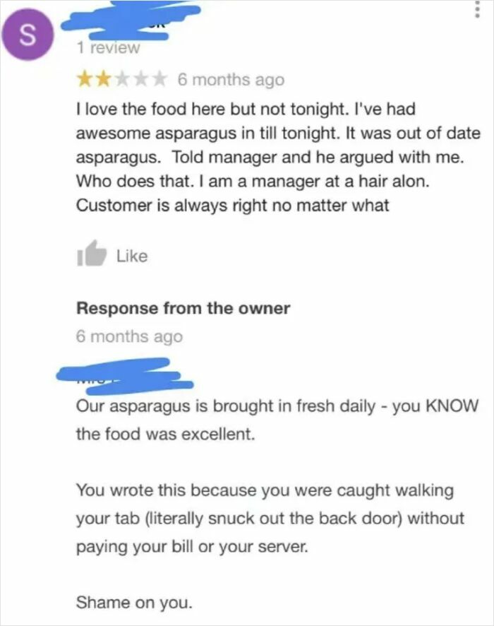 Screenshot of a brutal business comeback to a customer review accusing the restaurant of serving bad asparagus.