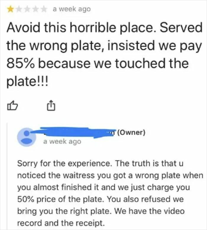 Customer complains about wrong plate served, business owner gives brutal comeback with video proof in response to the review.