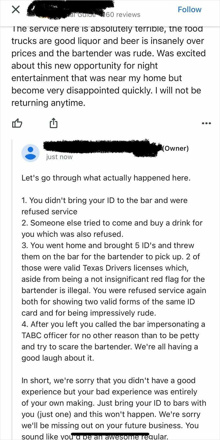 Owner’s brutal comeback to rude reviewer about ID refusal at bar in a business review showdown.