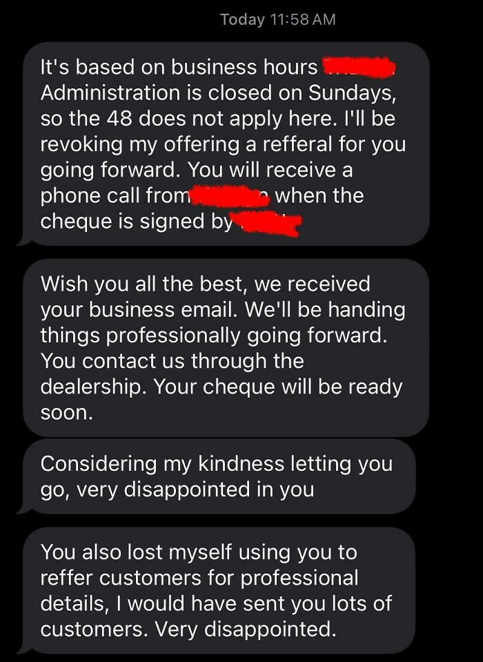 Text conversation showing why people hate their boss with messages about revoked referrals and professional disappointment.
