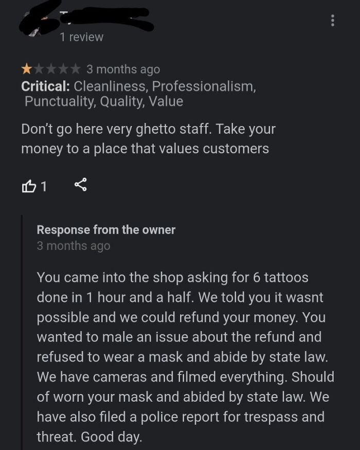 One-star review with brutal business comeback responding to unreasonable customer demands and mask refusal.