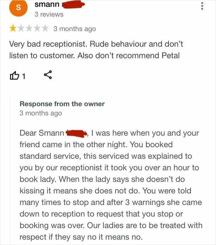 Customer leaves a harsh review, business responds with brutal comeback defending their receptionist and service policy.