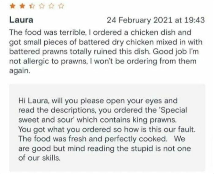 Customer review and brutal business comeback about a food order with prawns in a sarcastic tone.