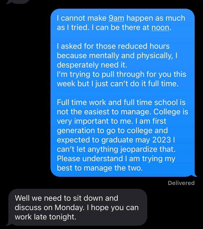 Text message conversation showing an employee explaining work and school challenges, highlighting reasons people hate their boss.