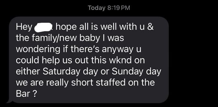 Screenshot of a text showing a boss asking for weekend help due to being short staffed at work.