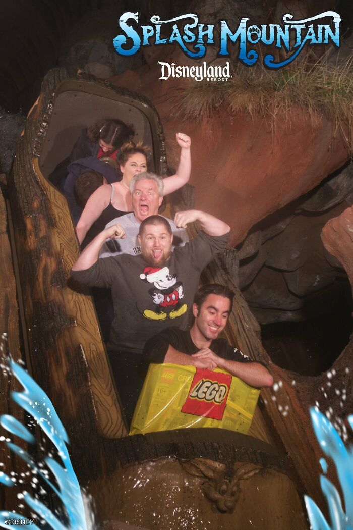 Group of people on Splash Mountain ride at Disneyland showing excitement and fun, a classic amusement park photo moment.