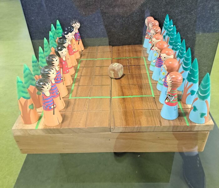 Wooden board game with colorful figurines and trees, one of the curious things people discovered with no idea what it was