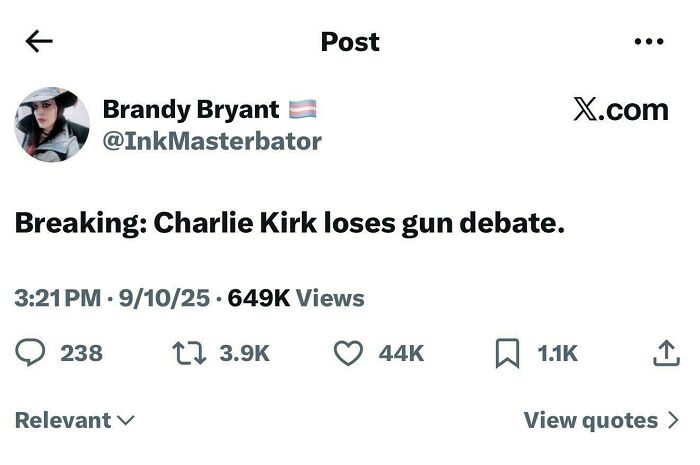 Screenshot of a bold tweet about Charlie Kirk losing a gun debate with high engagement and reactions.