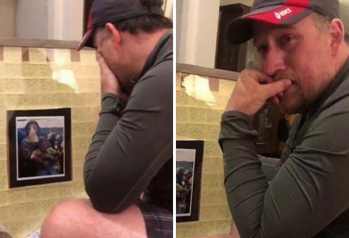 Man emotional as he gives back notes from stepdad, reflecting on moments shared by students and young adults living life.