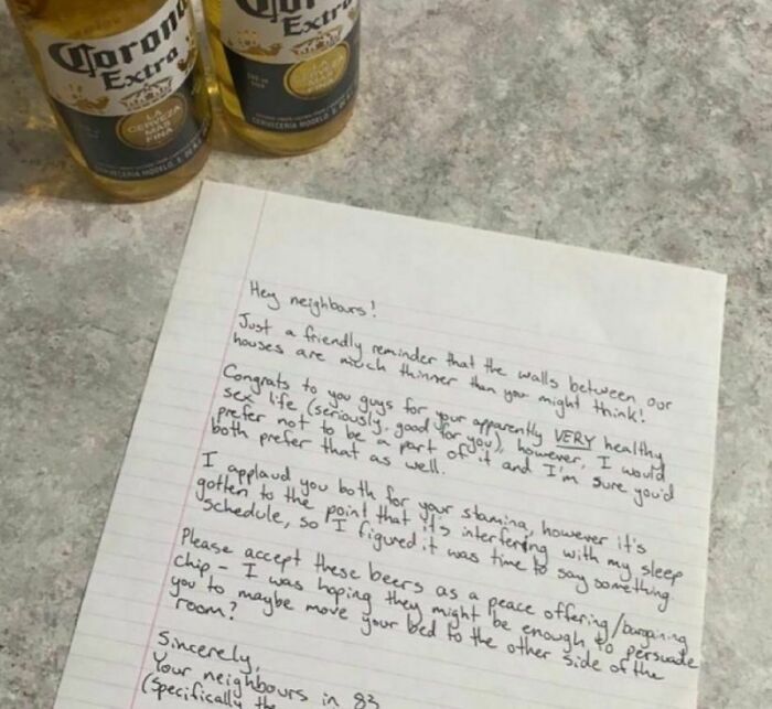 Handwritten note to noisy neighbors with beers, showing challenges young adults face living together and dealing with disturbances.