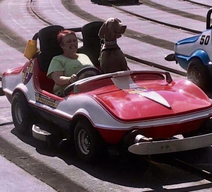 Woman smiling while driving a red ride car with a dog sitting next to her on an amusement park attraction track.