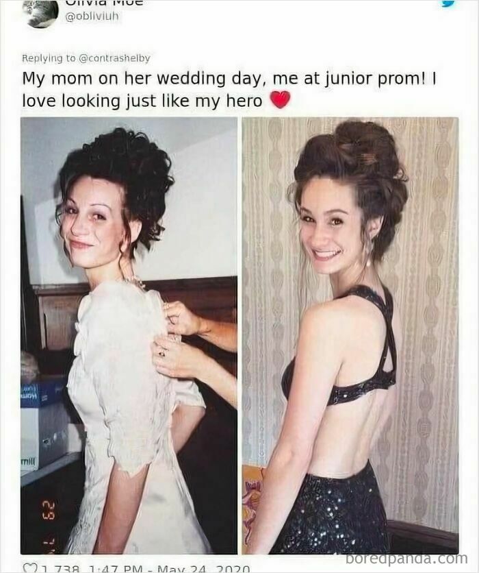 Side-by-side photos showing a mother and daughter in formal dresses, highlighting relatable moments as just a girl navigating life.