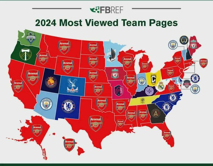 Map showing the 2024 most viewed soccer team pages in the US, highlighting fan preferences and perspectives across states.