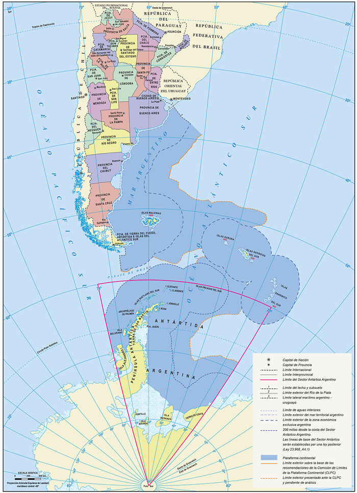 Map of Argentina and Antarctic territorial claims with detailed provincial and maritime boundaries for informative maps perspective.