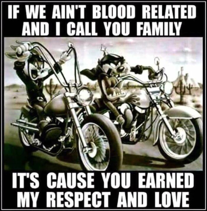 Cartoon characters riding motorcycles with a message about respect and love, showcasing wholesome and cringe-worthy posts.
