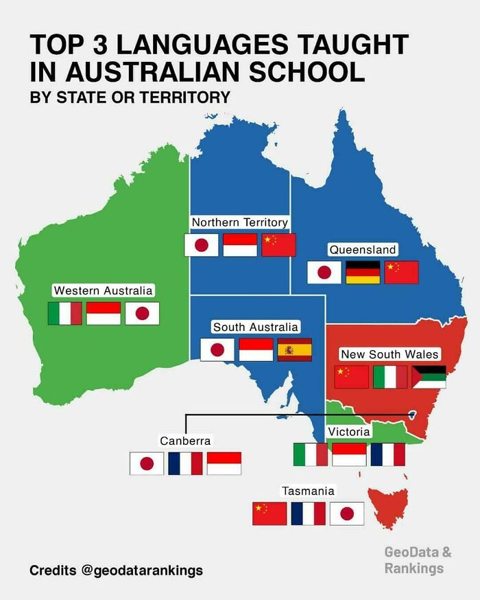 Map showing top 3 languages taught in Australian schools by state with flags indicating each language’s presence across regions.