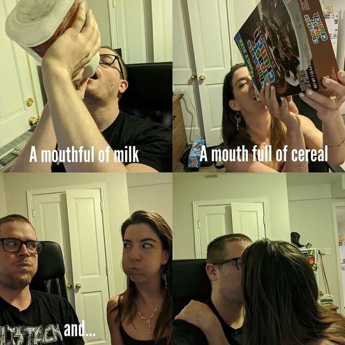 Couple humorously drinking milk and cereal, showing cringe-worthy but wholesome moments together in a home setting.