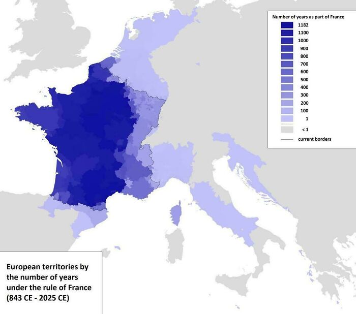 Map of European territories shaded by the number of years under French rule, showing historical influence and informative maps perspective.