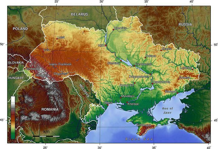 Topographic map of Ukraine showing elevation changes, rivers, and key cities as an informative map perspective on our world.