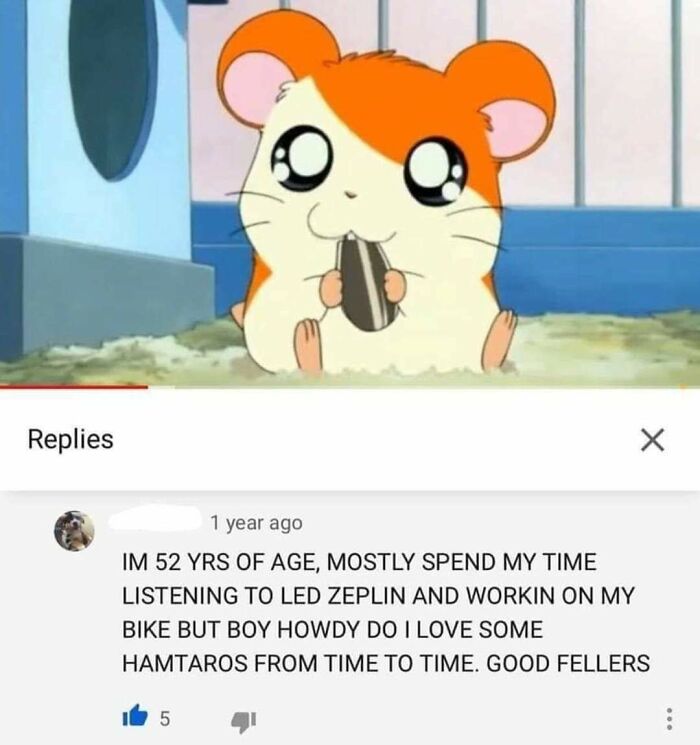 Cartoon hamster eating a seed paired with a wholesome and cringe-worthy social media post comment.