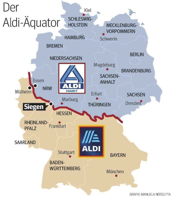 Map showing Aldi store distribution divided by Aldi Nord and Aldi Süd regions in Germany, an informative map changing global perspective.