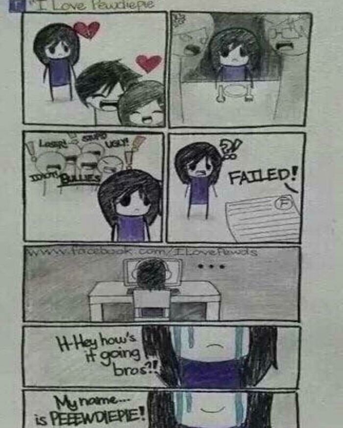 Hand-drawn comic showing a character facing bullying, failure, and emotional struggle in a cringe-worthy but wholesome post.