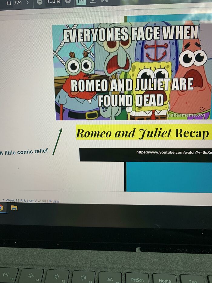SpongeBob characters with shocked faces reacting to Romeo and Juliet news in a cringe-worthy but wholesome post.