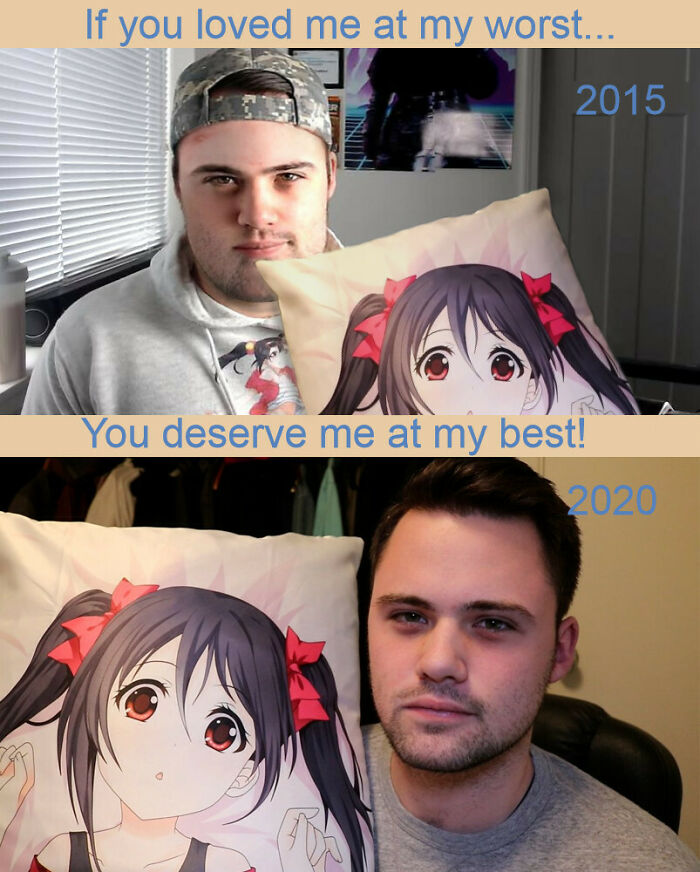 Young man holding anime pillow in 2015 and 2020, showing cringe-worthy but wholesome transformation over time.