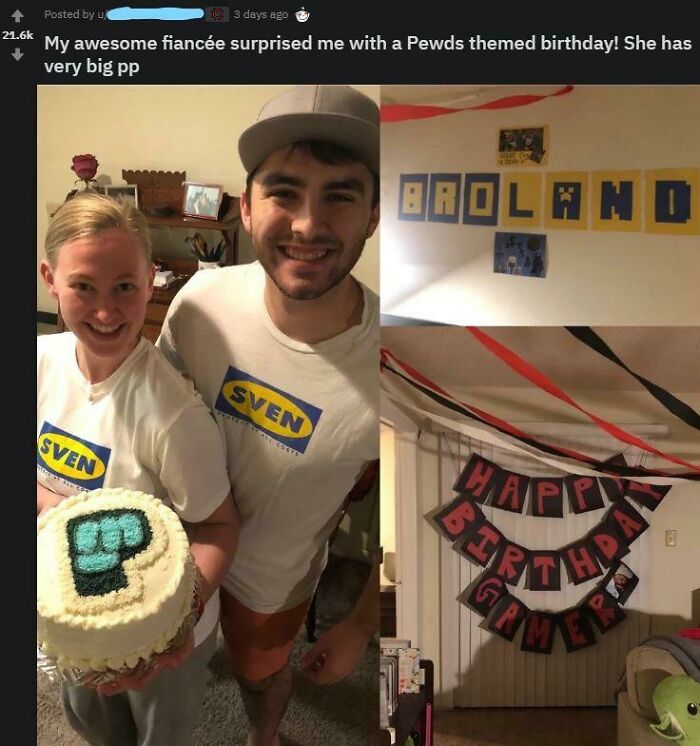 Couple celebrating a Pewds themed birthday with a customized cake and gamer birthday decorations, capturing cringe-worthy but wholesome joy.