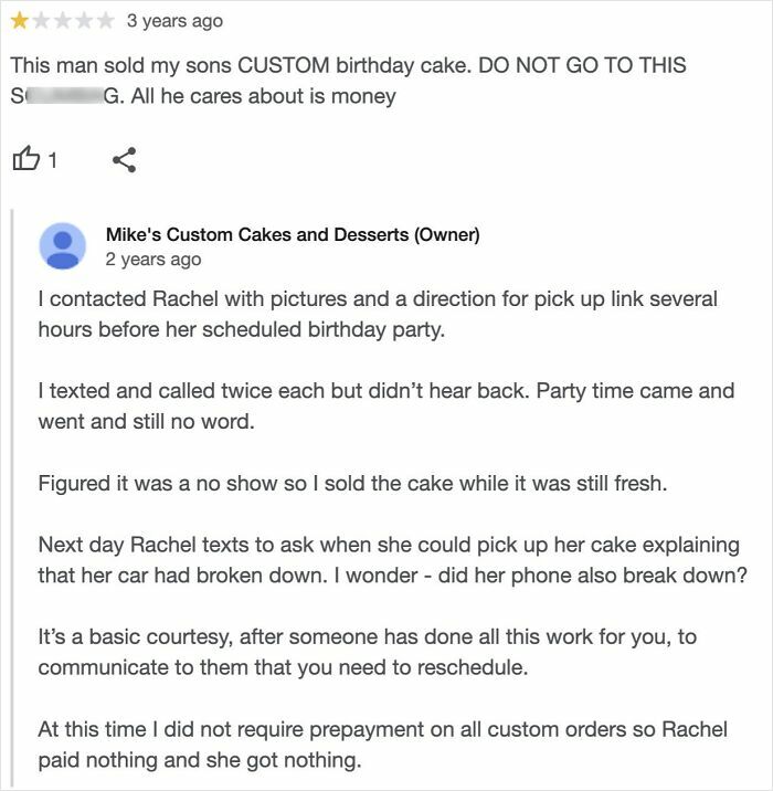 One-star review with a brutal business comeback about a custom cake no-show and communication issues.