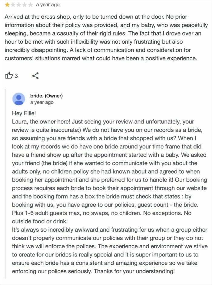 Customer complaint about dress shop policy with a brutal business comeback enforcing strict no-children rules and appointment terms.