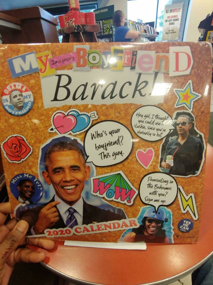 Hand holding a 2020 calendar titled My Imaginary Boyfriend Barack featuring playful and wholesome cringe-worthy images.