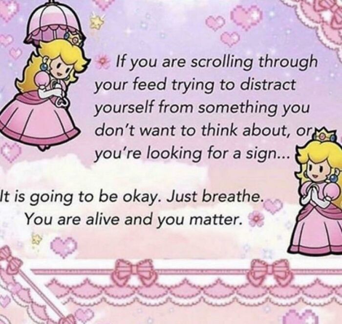 Animated pink-themed image with encouraging text about being alive and mattering, fitting cringe-worthy but wholesome posts.