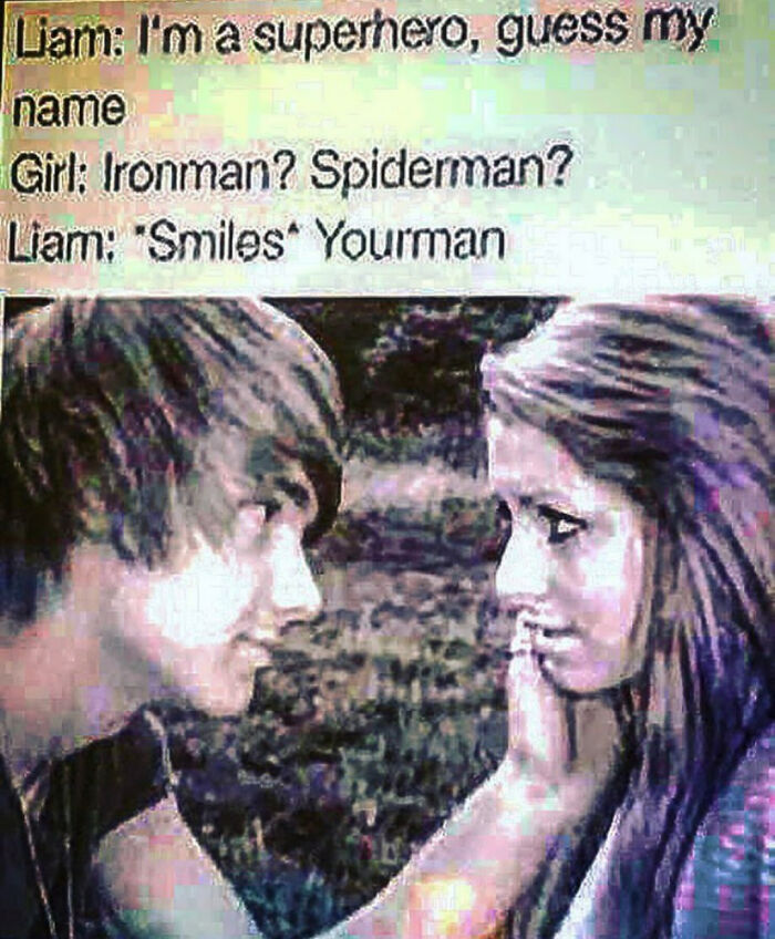 A wholesome and cringe-worthy text exchange with a young couple sharing a playful superhero-themed joke.