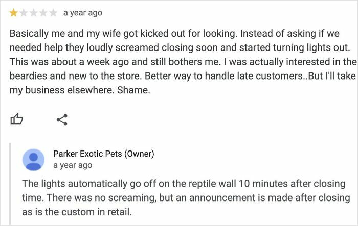 One-star review and brutal business comeback from Parker Exotic Pets addressing closing time complaints.