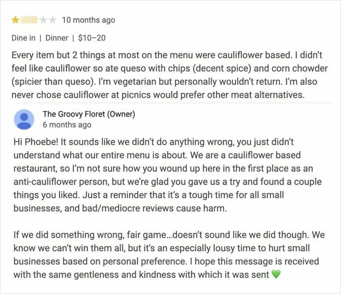 Customer review and brutal business comeback on a cauliflower-based restaurant’s menu and small business challenges.