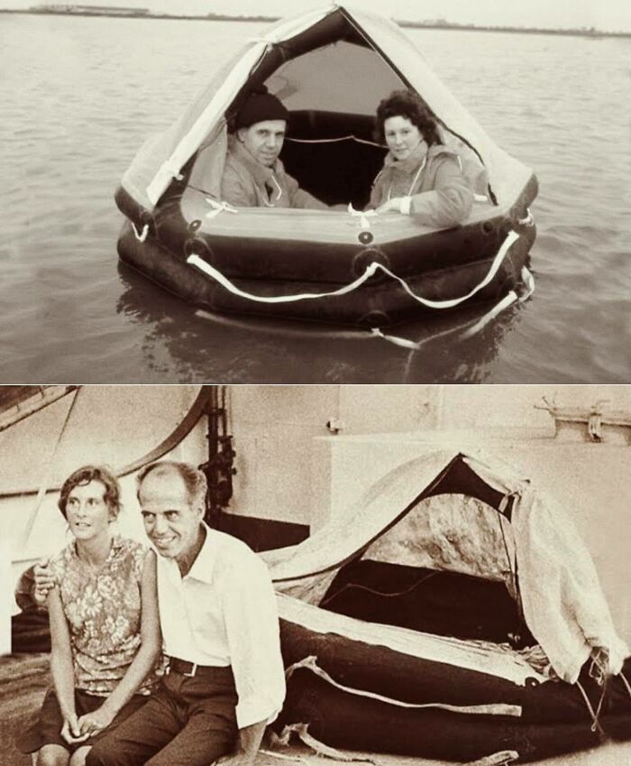 Two vintage historic pics showing people inside and sitting beside an inflatable life raft on water and a ship deck.