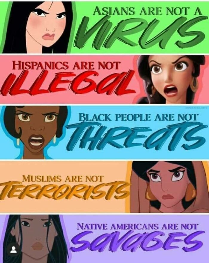 Animated characters expressing messages rejecting harmful stereotypes, a cringe-worthy but wholesome post about social justice.