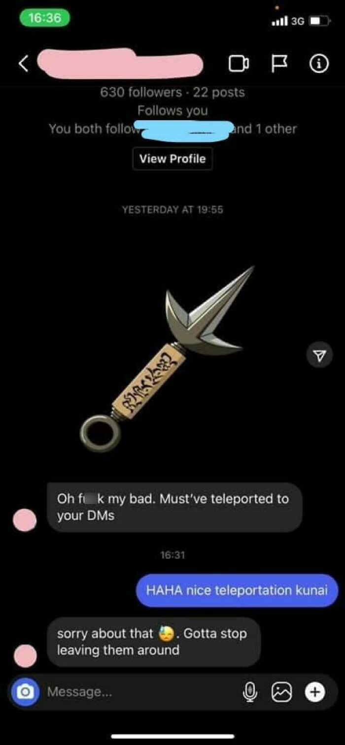 Screenshot of a funny and wholesome direct message conversation referencing a teleportation kunai weapon.