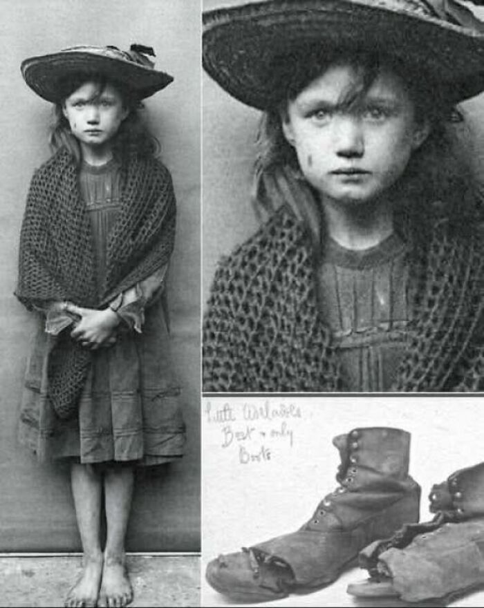 Black and white lesser-known historic pics showing a barefoot young girl in old clothes and worn-out boots.